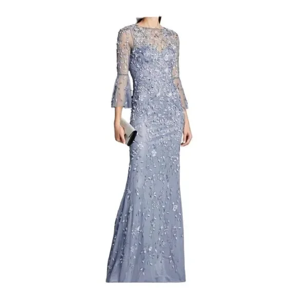 Theia Flounce Sleeve 3-D Embroidered and Beaded  Dusty Blue Gown Size 2 - Picture 4 of 14